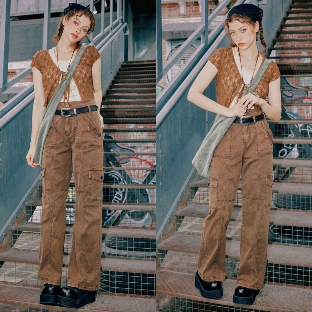 CIDER High Rise Star Studded Wide Leg Cargo Trouser Pants Brown Size Small NEW
